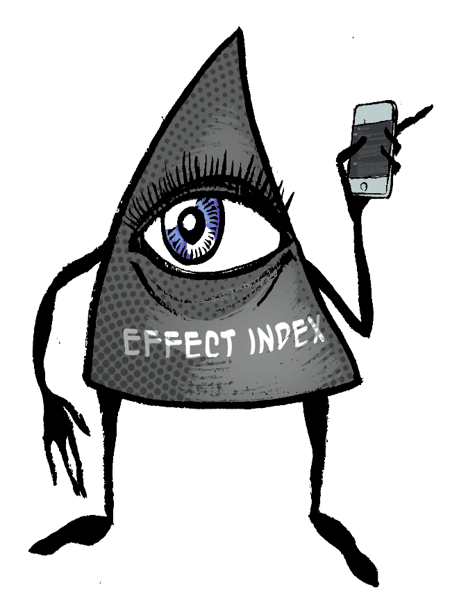 The Effect Index eye mascot holding up a phone