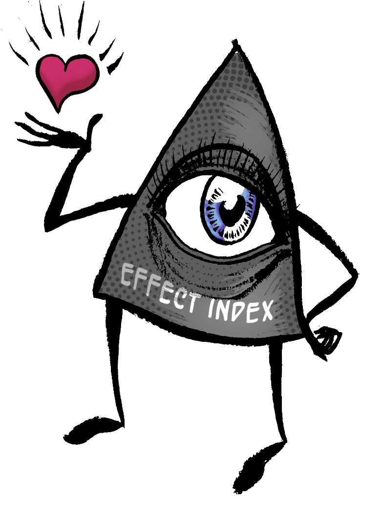 The Effect Index eye mascot holding up a heart